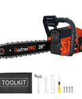 Pro Grade 62cc Gas Chainsaw 20 Inch With 2 Cycle Engine Anti Vibration Quick Start Technology and included toolkit displayed.