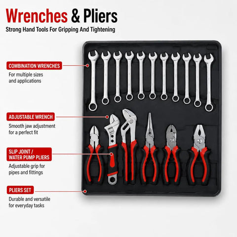Wrenches and pliers set from 899-Piece Home Repair Tool Set With Rolling Aluminum Tool Chest And Four-Drawer Case