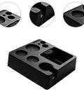 Built Tough Coffee Tamper Station And Espresso Organizer Box With Rock Solid Portafilter Holder for kitchen counter, black, compact design.