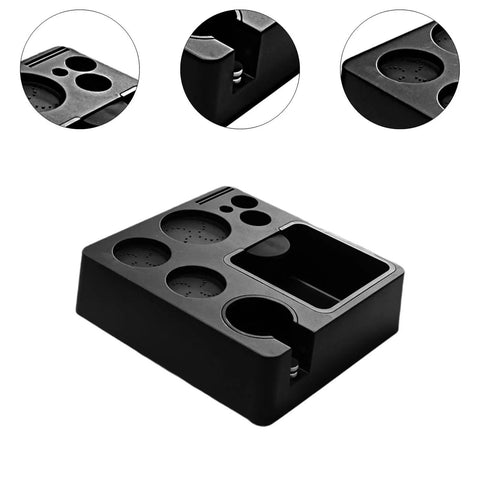 Built Tough Coffee Tamper Station And Espresso Organizer Box With Rock Solid Portafilter Holder for kitchen counter, black, compact design.
