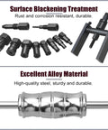 Bad Ass Inner Bearing Puller Kit With Sliding Hammer Made To Rip Old Gunk Out Efficiently Using Swappable Chucks 8mm To 25mm For Any Shaft While Rock Solid Build Quality Gets The Job Done Fast Keeping Mechanics Happy, black steel kit