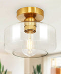 Industrial Semi Flush Mount Ceiling Light With Clear Seeded Glass Shade 3 Light Pendant Fixture For Hallway Kitchen Entryway Bedroom Dope Vintage Vibe 9.64 Inch Close To Ceiling Lamp featuring gold finish and bulb.