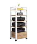 Five Tier AV Media Rack With Drawers Wooden Corner Frame Cabinet and Stereo Stand for Home Office and Studio Gear Multi Functional Storage for Printer Scanner Fax Machine Style 3 60x40x120 cm, white metal frame