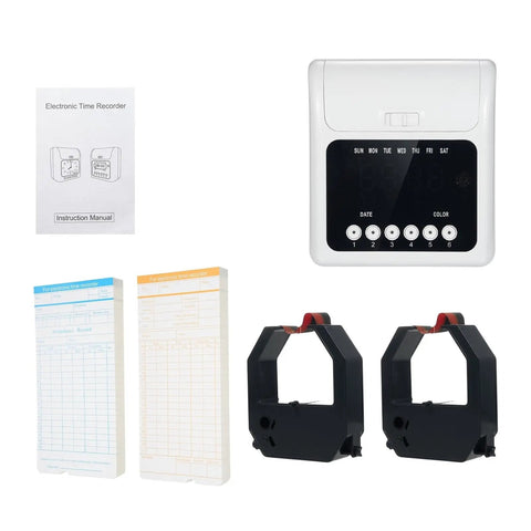 No Sweat Electronic Time Clock For Employee Attendance With Secure Passcode Lock and Bulk Time Cards with instruction manual and card holders.