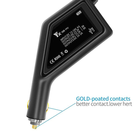 Close-up of black 3 In 1 Battery Charger Hub For DJI FPV Drone And Remote Controller Fast 12V DC with gold-plated contacts