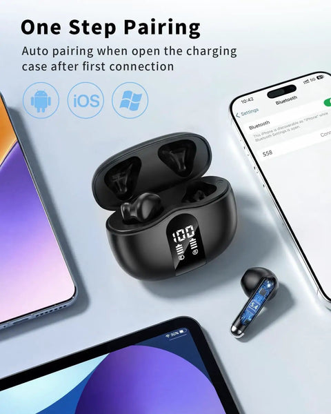 Wireless Earbuds With LED Power Display And Bluetooth 5 Point 4 Headphones beside smartphones and tablets, showing auto pairing feature.