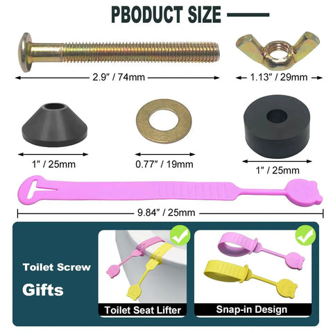 Product components of Durable Stainless Steel Toilet Seat Screws Replacement Kit With Bolts, Nuts, Washers, Lifter for top mount