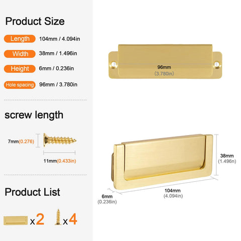 Dimensions and components of Flush Mount Zinc Alloy Cabinet Drawer Handles Hidden Concealed Pulls with Screws Gold Finish 96 mm