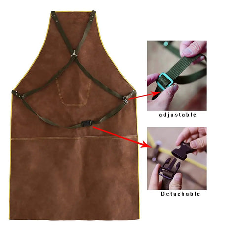Leather Welding Work Apron With Heat And Flame Resistant Cowhide Leather, Heavy Duty BBQ Apron, adjustable straps detail.