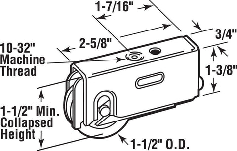 Diagram of 1-1/2 Inch Steel Roller Assembly With Ball Bearing And Plain Back Housing For Sliding Patio Doors, Fits Howmet, Krestmark And More, Yellow Zinc Finish, 1/4-20 Mount Hole On Back, Optional 10-32 Top Hole, Durable, Smooth Operation