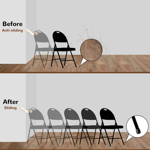 Illustration showing before and after effects of Seven Eighths Inch Folding Chair Leg Caps Set Heavy Duty Plastic Floor Protectors