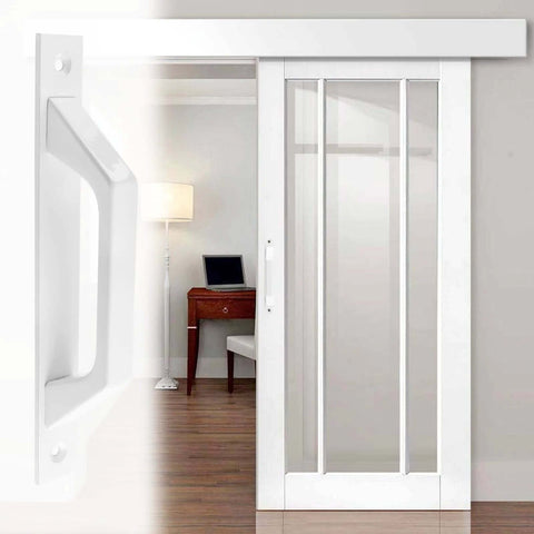 Two Pack Sliding Barn Door Handles 7.9 Inch Aluminum Alloy Pull Handles For Sliding Barn Doors Gates Cabinets Closets Drawers Garage Shed White Finish Includes Eight Mounting Screws For Easy Installation, installed view
