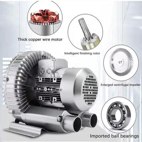 Heavy Duty Single Phase Turbine Blower Pulling Massive Airflow, 110V 120W Regenerative Vacuum Pump with copper wire motor and impeller.