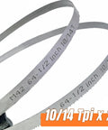 Close-up of 64.5 Inch Long One Half Inch Wide Zero Point Zero Two Inch Thick Bi Metal M42 Bandsaw Blades Set With Twenty Four TPI And Fourteen TPI Two Pack For Metal Cutting And Pro Grade Fast Clean Cuts