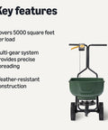 Fertilizer Spreader For Lawn With Even Coverage All Season Workhorse, Multi Gear Control, Covers Up To 5000 Sq Ft Per Load