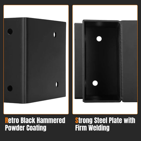 Close-up of black heavy-duty steel brackets from Beefy 8 Piece Workbench Bracket Kit With 64 Screws For DIY Work Table Built To Fit 2x4 Lumber Real Size 1.5x3.5 Inch Right Angle Corner Brackets Black For A Sturdy Shop Setup