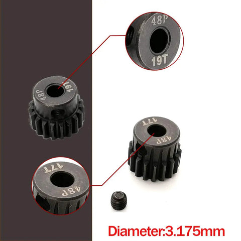 Close-up of 48P Pinion Gear Set For 1/10 RC Cars, 16T and 19T, 48 Pitch pinions, 3.175mm bore, steel construction, speed tuning gear pack