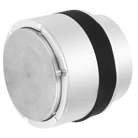 Close-up of 51mm Coffee Tamper Press Type Hammer Powder Distributor Leveler Tool, durable aluminum and stainless steel construction.