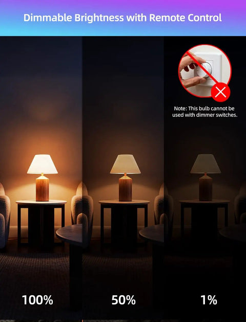 Lit Color Changing LED Bulb With Remote RGB 6 Modes Dimmable E26 Base showing dimmable brightness levels on a lamp.