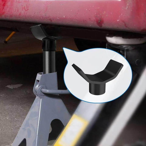 Universal 12 Ton Bottle Jack Adapter installed on a bottle jack under a vehicle frame, showing cradle style for stable axle lift.