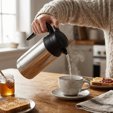 Boss Level 24v Electric Water Kettle For Truckers And Road Warriors 750ml Stainless Steel being poured into a coffee cup.