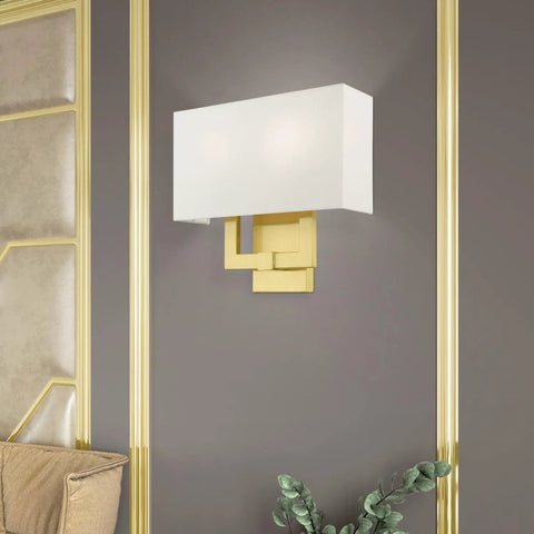 Two Light Wall Sconce In Satin Brass With Dope Off White Hardback Fabric Shade For A Clean Modern Vibe ADA Compliant