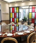 Glass Lazy Susan Turntable For Homes And Restaurants Go To Round Tabletop Rotating Tray in dining setting with colorful panels