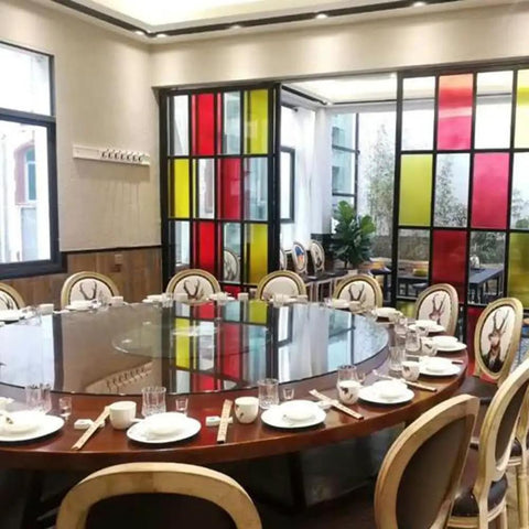 Glass Lazy Susan Turntable For Homes And Restaurants Go To Round Tabletop Rotating Tray in dining setting with colorful panels