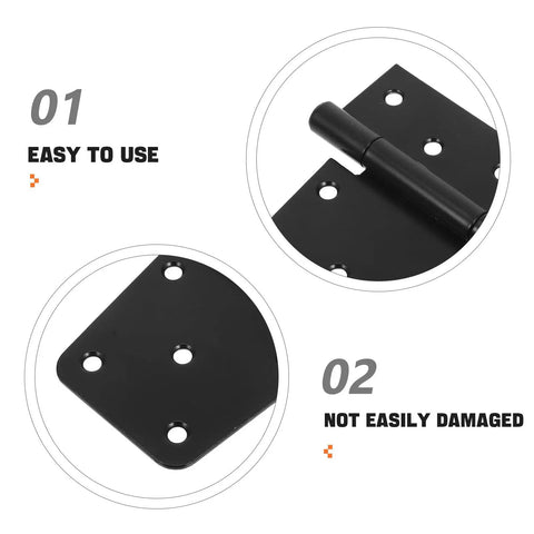 Close-up of Heavy Duty Built Tough Three Point Five Inch Black Weld On Gate Hinges with mounting holes and hinge detail
