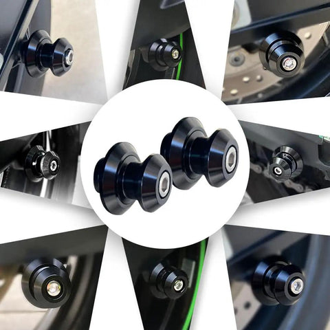 Universal CNC Machined Aluminum Swing Arm Spools With Black Spacer shown on various bike models