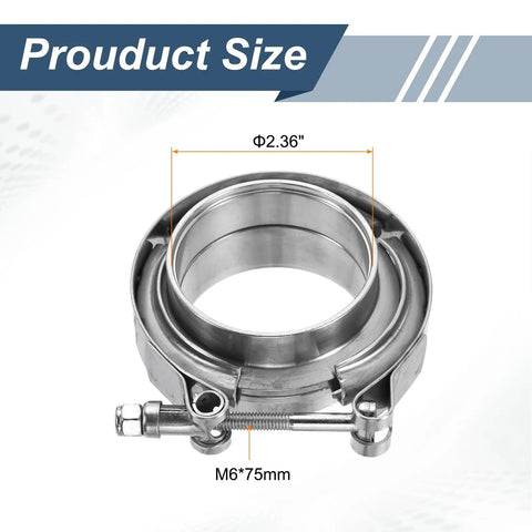 V Band Clamp With Flange 2.36 Inch 304 Stainless Steel Exhaust Clamp Kit for Auto, shown with size dimensions