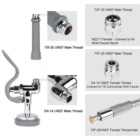 Pro Grade Commercial Sink Sprayer Kit with hose and valve details, showing thread sizes for industrial restaurant kitchen faucets.
