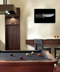 Room decor with Heavy Duty Aluminum Fixed Blade Knife With Non Slip Ergonomic Handle wall sign above pool table