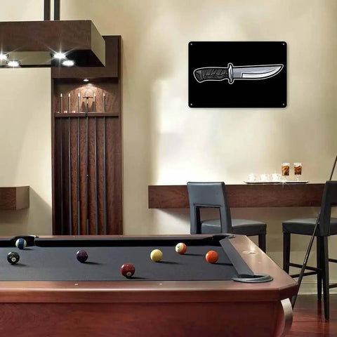 Room decor with Heavy Duty Aluminum Fixed Blade Knife With Non Slip Ergonomic Handle wall sign above pool table
