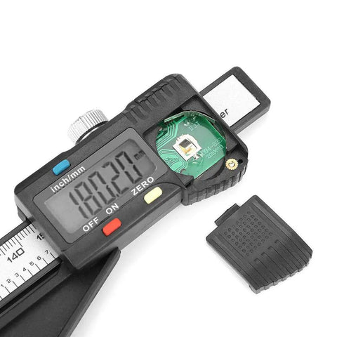 Close-up of a Digital Height Gauge With Magnetic Base For Woodworking 0-150mm Precision Height Adjustment Tool showing LCD display.