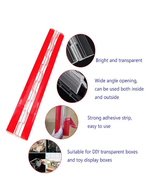 Hella Tough Clear Acrylic Continuous Piano Hinge Set 12 Inch self adhesive strip showing wide angle opening for DIY use.