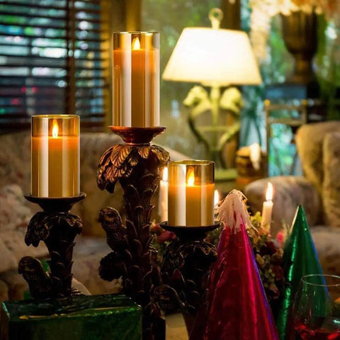 Flameless Led Candles Flickering Real Wax Look Pillar Candles With Moving Flame Fake Wickless Design Battery Operated With Timer Remote Glass Effect For Festival Wedding Home Party Decor displayed on ornate holder