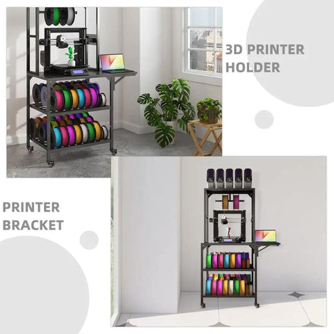 Solid As A Rock 4 Tier Rolling 3D Printer Stand With Hella Spacious Spool Storage. Features sleek design with colorful spools.
