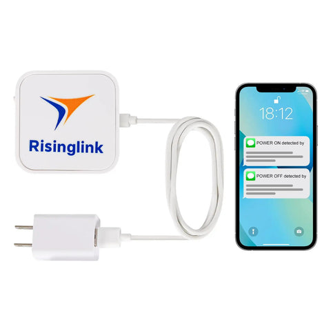 WiFi Power Outage Alarm Detector with SMS text and email alerts, no hub or monthly fees, shown with smartphone notifications