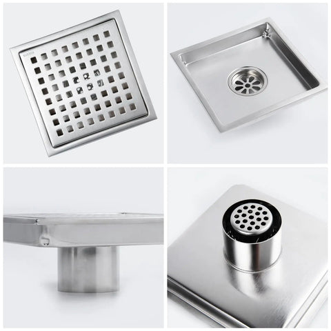 Six Inch Square Shower Drain In Brushed Nickel Featuring A Leak Proof Flange And Removable Grate Rock Solid Construction Dead Simple Flush Floor Installation That Slays Modern Bathrooms with square grate and round drain.
