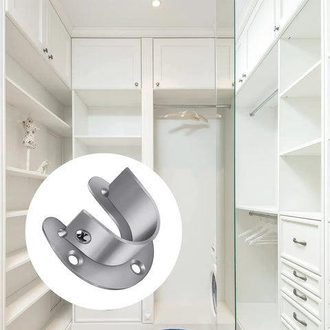 Set Of 4 Heavy Duty Stainless Steel Wardrobe Brackets U Shaped Rod Sockets Flange 1-1/4 Inch Diameter End Supports For Closet Rods With Screws And Mounting Hardware on a white closet rod