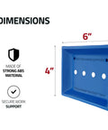 Dimensions of Blue Hard Hat Lineman Bucket Tray With Slick Patented Ramp And Magnetic Holder For Bucket Truck Lip Mount, 6x4 inches.