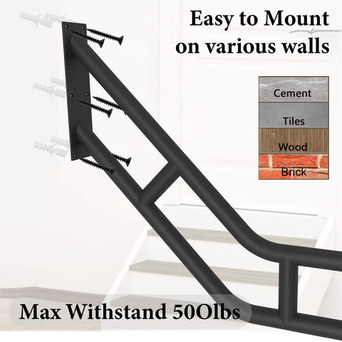 Heavy Duty U Shaped Handrails For Outdoor Steps Built From Solid Wrought Iron With Black Powder Coat wall mount easy installation with screws