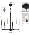 Premium Black Six Light Chandelier Rust Resistant Metal Candle Pendant Fixture dimensions with adjustable length for dining room.