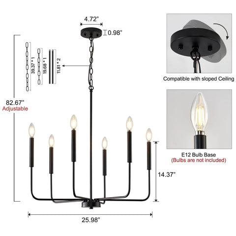 Premium Black Six Light Chandelier Rust Resistant Metal Candle Pendant Fixture dimensions with adjustable length for dining room.