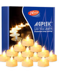 Stacked 24 Pack Flickering LED Tea Lights With Timer, box showing warm white flameless tealights for home decor and parties.