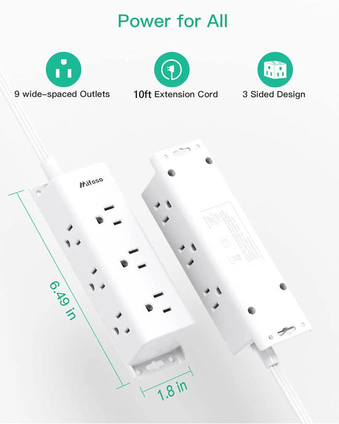 10 Ft Extension Cord Power Strip Pack with flat plug showing dimensions and features: 9 outlets, wall mount holes, 3-sided design