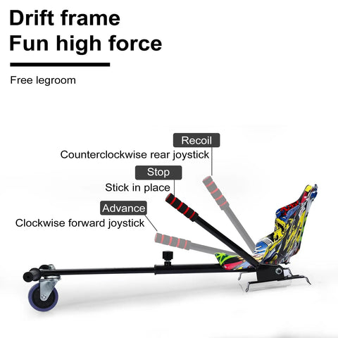 Hoverboard Go Kart Attachment With Adjustable Length 27 To 39 Inches, joystick positions, drift frame design.