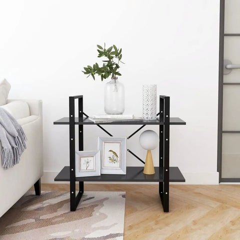 Two Tier Book Cabinet Gray 31.5 Inch Engineered Wood with decor in a modern room setting