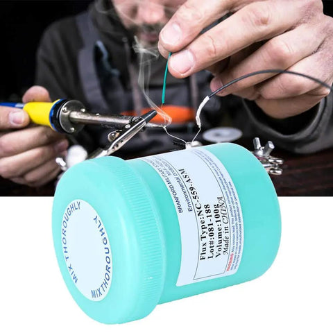 No Clean Solder Paste For Phone Repair And PCB Rework Pro Grade Tin Flux 559 NC-559 28um in use with soldering iron.
